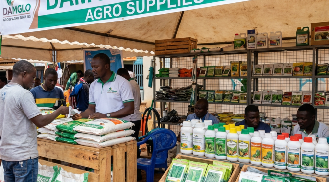 Damglo Group Agro Supplies exhibition stall featuring various seeds, chemicals, and agricultural tools.